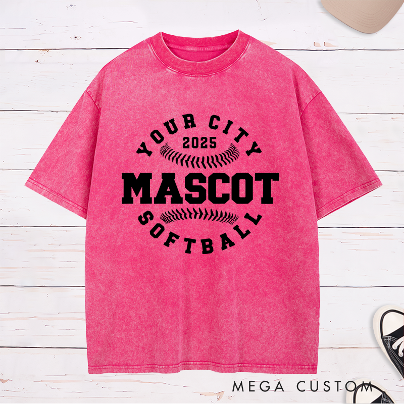 Personalized Softball Team Washed T-Shirt Design Featuring Custom City Name Team Name Baseball Stitch Graphics and Custom Year Highlight