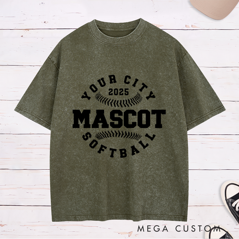 Personalized Softball Team Washed T-Shirt Design Featuring Custom City Name Team Name Baseball Stitch Graphics and Custom Year Highlight