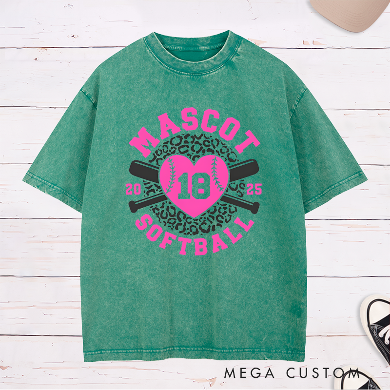 Personalized Softball Team Washed T-Shirt Design Featuring Customizable Team Name Leopard Print Heart-Shaped Softball Graphic Crossed Bats and Player Number