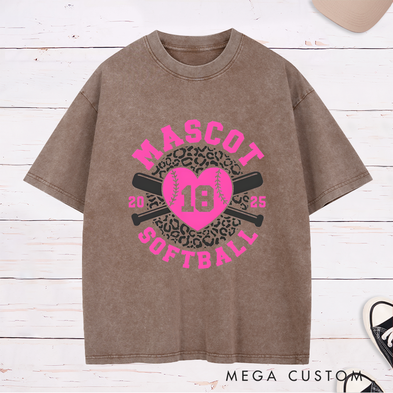 Personalized Softball Team Washed T-Shirt Design Featuring Customizable Team Name Leopard Print Heart-Shaped Softball Graphic Crossed Bats and Player Number