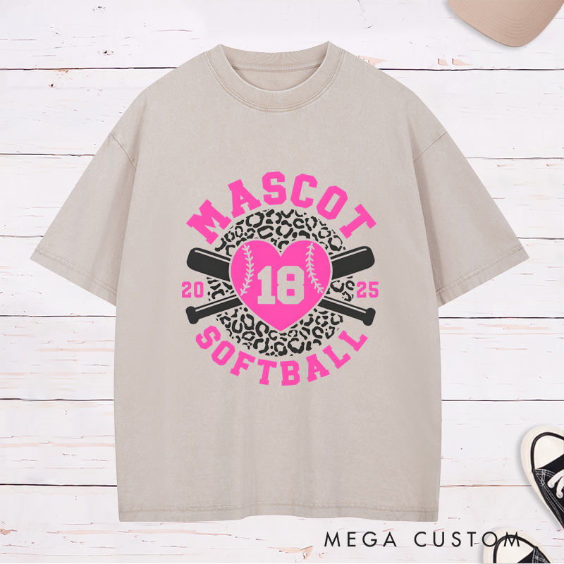 Personalized Softball Team Washed T-Shirt Design Featuring Customizable Team Name Leopard Print Heart-Shaped Softball Graphic Crossed Bats and Player Number