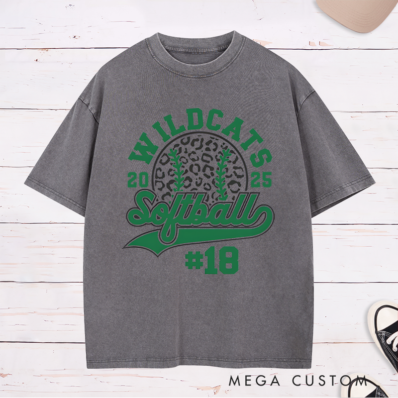 Personalized Customizable Softball Team Washed T-Shirt Design Featuring Bold Arched Team Name Leopard Print Softball Graphic Stylized Script Text for Softball and Custom Player Number