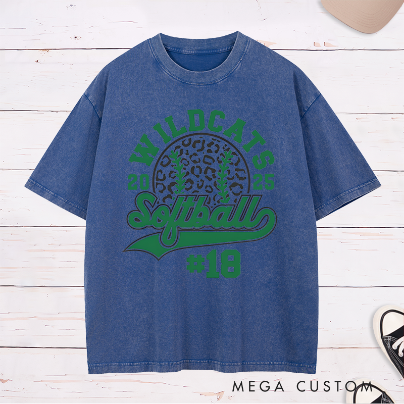 Personalized Customizable Softball Team Washed T-Shirt Design Featuring Bold Arched Team Name Leopard Print Softball Graphic Stylized Script Text for Softball and Custom Player Number