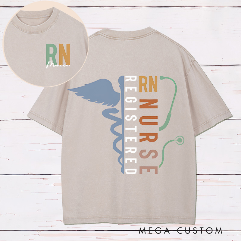 Personalized Two Sides Printed Washed T-Shirt Customized Registered Nurse Design Washed T-Shirt 