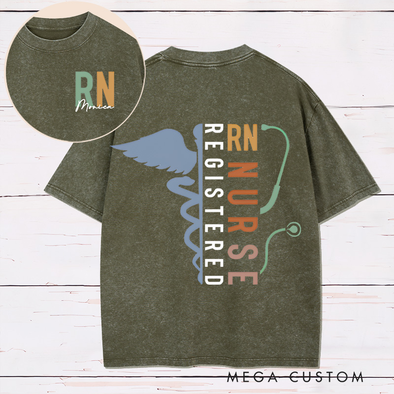 Personalized Two Sides Printed Washed T-Shirt Customized Registered Nurse Design Washed T-Shirt 