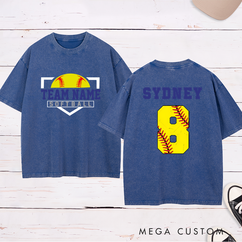 Personalized Softball Washed T-Shirt Design Featuring Custom Team Name on the Front and Player Name with Jersey Number on the Back