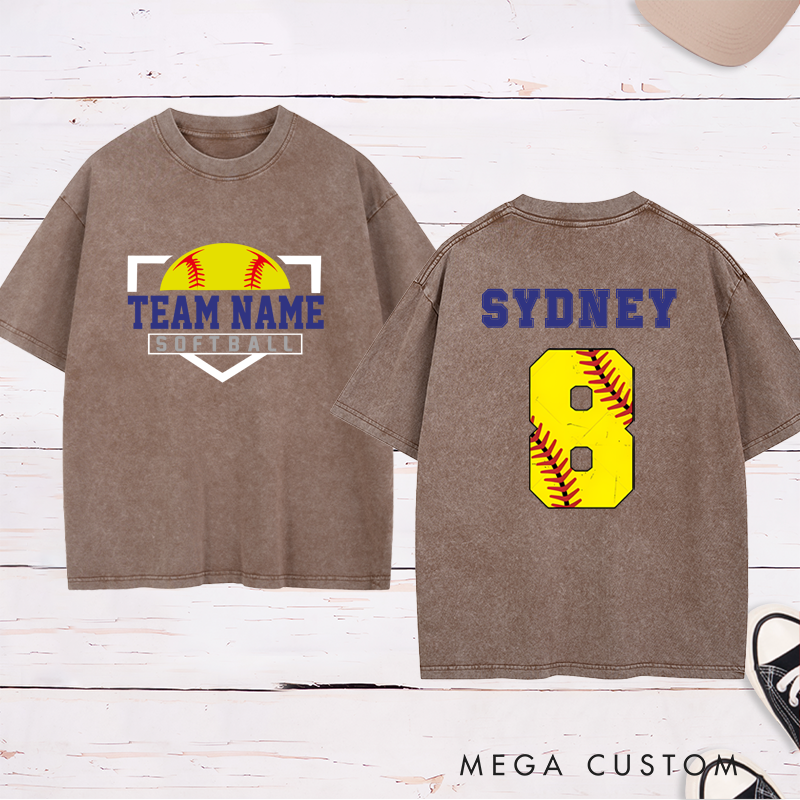 Personalized Softball Washed T-Shirt Design Featuring Custom Team Name on the Front and Player Name with Jersey Number on the Back