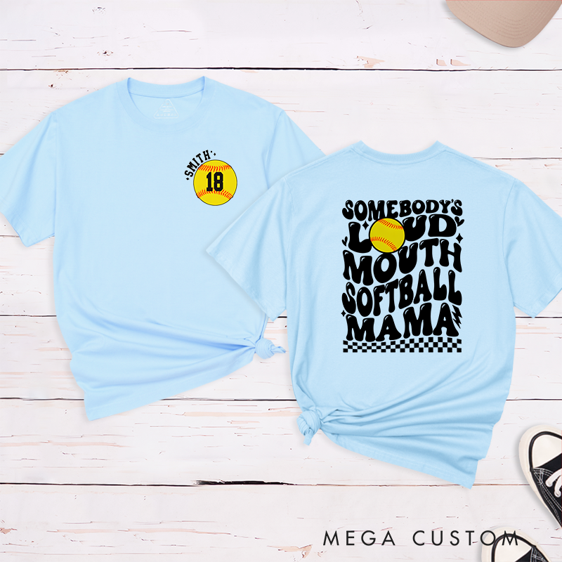 Personalized "Loud Mouth Softball Mama" T-Shirt Design Featuring Bold Retro Text Custom Name and Player Number