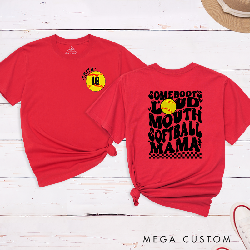 Personalized "Loud Mouth Softball Mama" T-Shirt Design Featuring Bold Retro Text Custom Name and Player Number