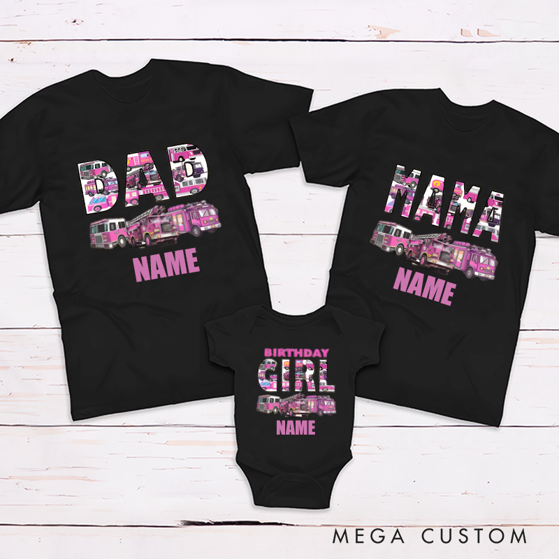 Personalized Girls Birthday Party Pink Firetrucks Design Family Matching Outfit
