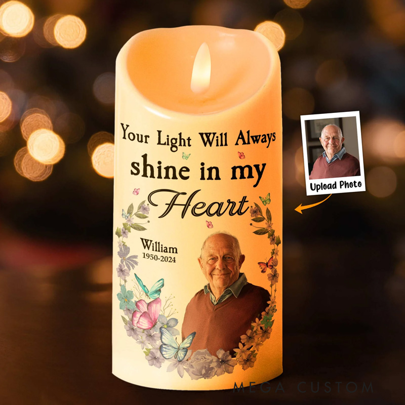 Personalized Photo LED Candle Your Light Will Always Shine In My Heart Memorial Gift Custom Memory Photo LED Candle