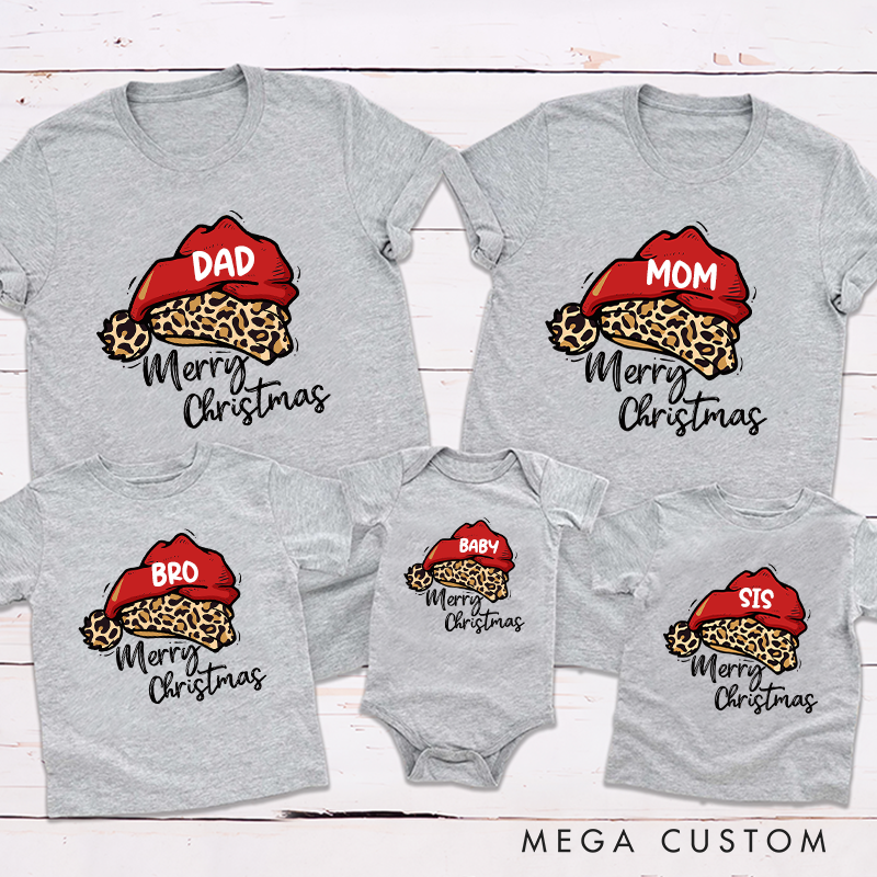 Personalized Family Christmas Gift Leopard Santa Hat Pattern Design Family Matching Outfit