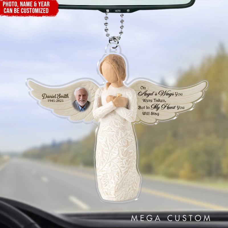 Personalized Photo Rear View Mirror Accessory On Angel's Wings You Were Taken But In My Heart You Will Stay Memorial Ornament Custom Acrylic Ornament 