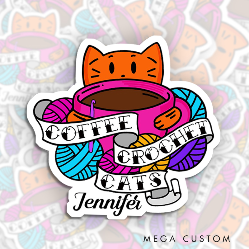 Personalized Coffee Crochet Cats Sticker Funny Crochet Lovers Sticker Crocheter Gift for Crocheting Lover