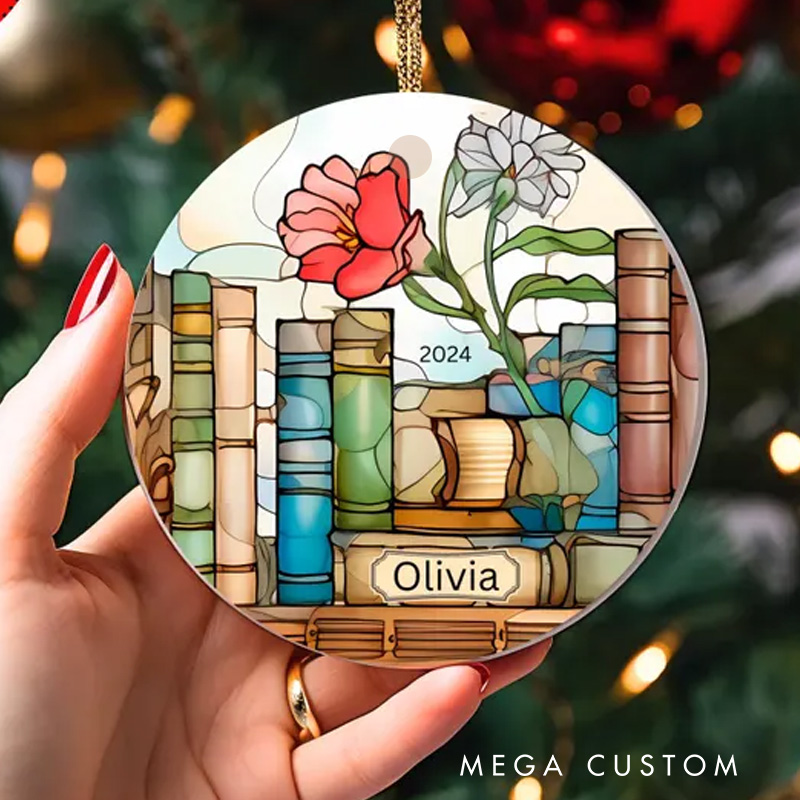 Personalized Book and Flower Christmas Ornament Librarian Ornament with Name Bookish Ornaments for Book Lovers Gift Librarian Gift