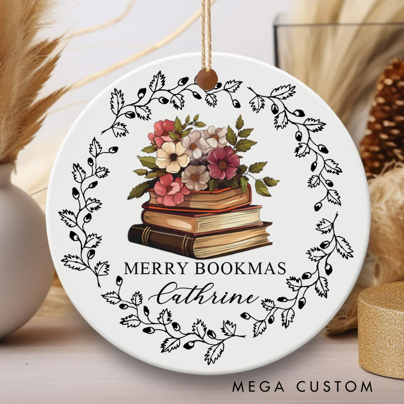 Personalized Flowers Books Christmas Ornament Reading Lover Ornament with Name Holiday Decor for Book Lovers Gift Librarian Gift