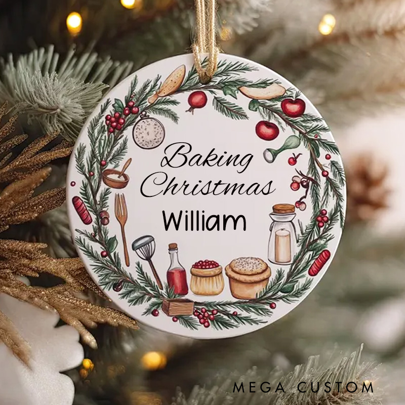 Personalized Ceramic Baking Wreath Christmas Ornament Custom Baker Ornament with Name Kitchen Decor for Baking Lover Gift Holiday Decor