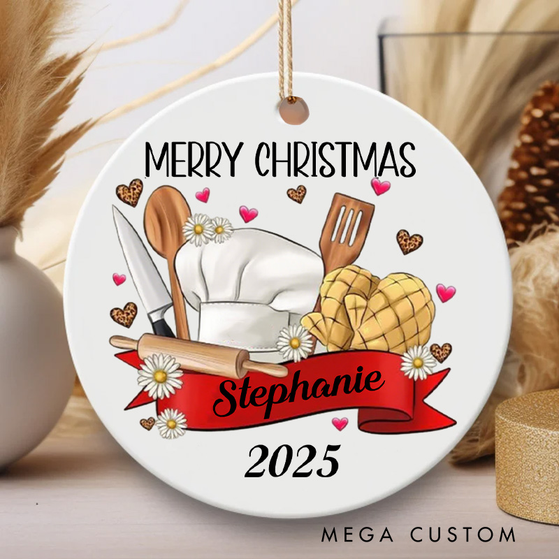 Personalized Merry Christmas Ornament Baking Ornament Ceramic Baker Ornament with Name Holiday Decor for Baking Lover Gift