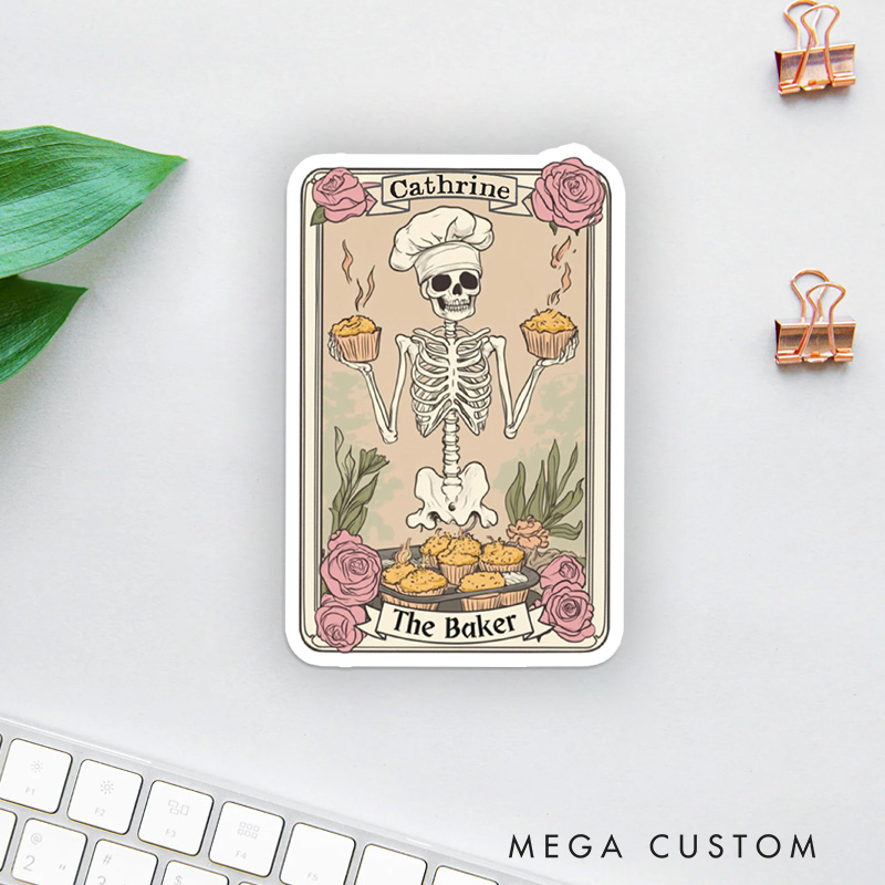 Personalized Baker Skeleton Tarot Card Sticker Baking Lover Stickers with Name Halloween Skeleton Baker Stickers Gift Baking Lover Gift