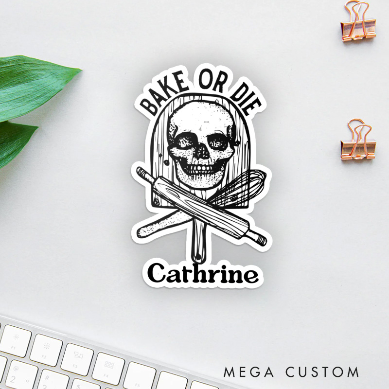 Personalized Bake or Die Baking Sticker Pen and Ink Drawing of a Skull Stickers with Name Baker Sticker Baking Lover Gift