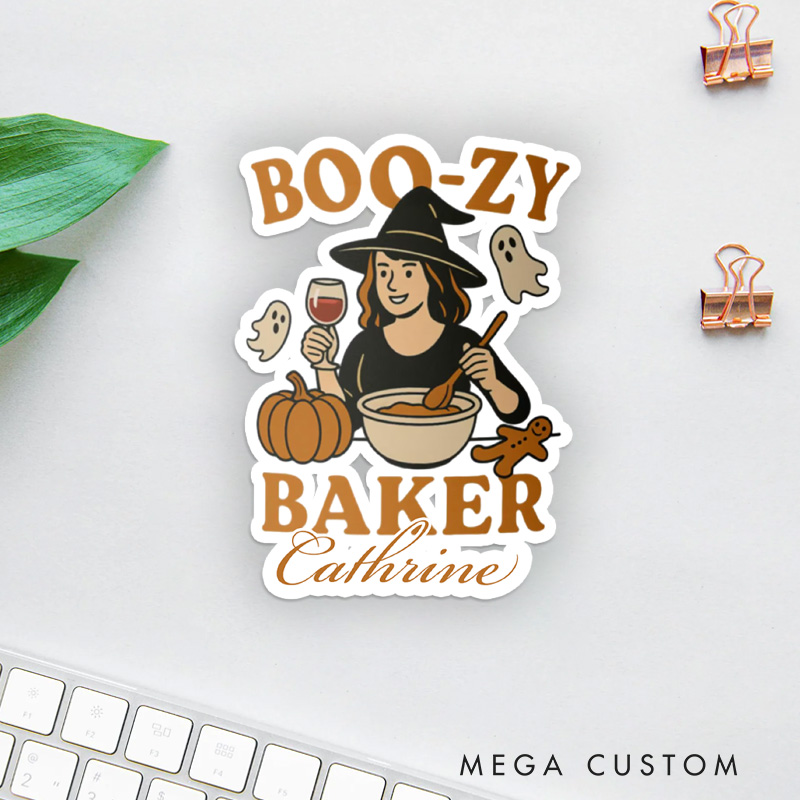 Personalized Boo-zy Baker Sticker Cute Ghost Halloween Stickers with Name Witchy Baker Sticker for Baking Lover Gift