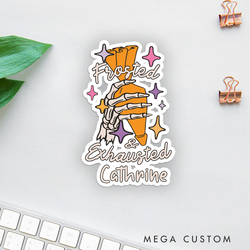 Personalized Frosted and Exhausted Sticker Spooky Skeleton Hand with Piping Bag Stickers with Name Skeleton Baker Sticker for Baking Lover Gift