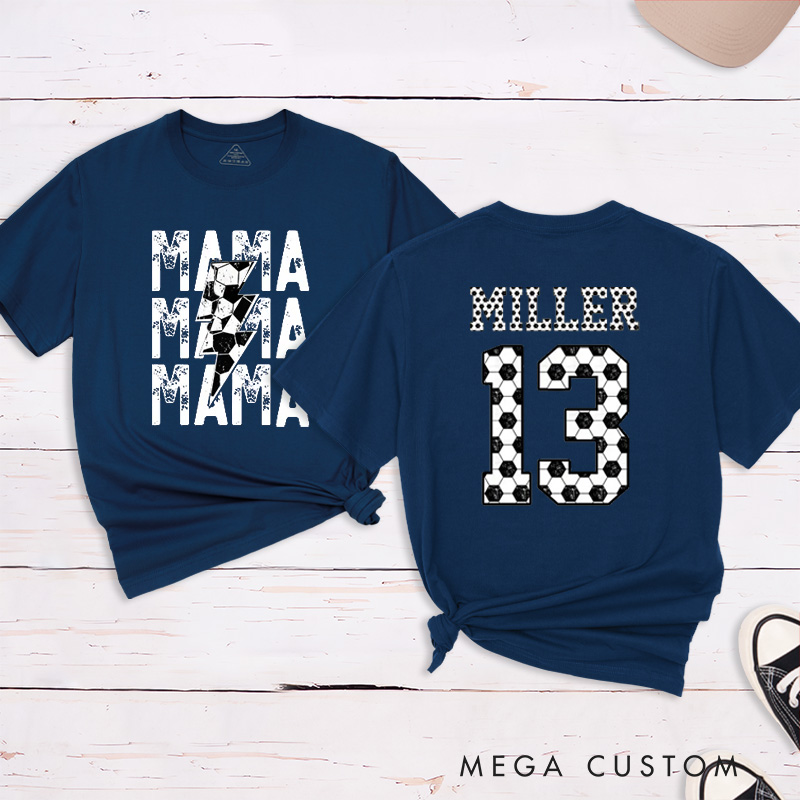 Personalized "Mama" Soccer T-Shirt with Custom Name and Number Design