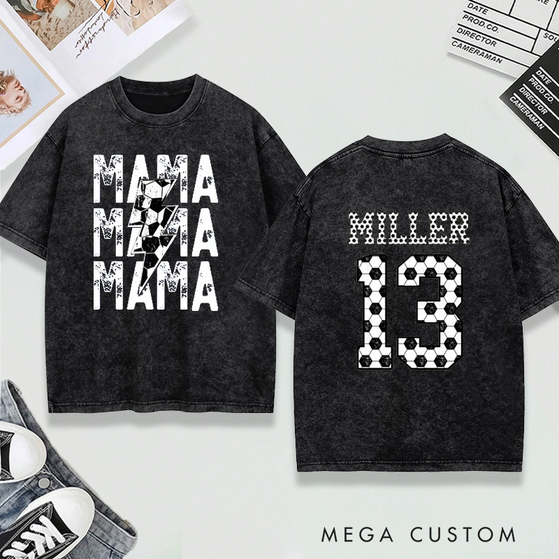Personalized Washed T-Shirt "Mama" Soccer with Custom Name and Number Design