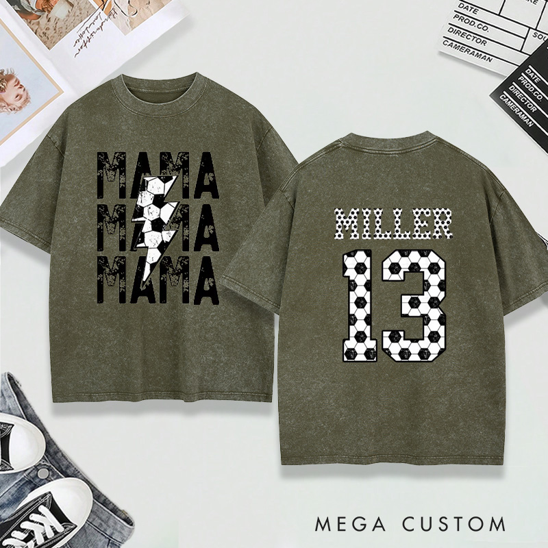 Personalized Washed T-Shirt "Mama" Soccer with Custom Name and Number Design