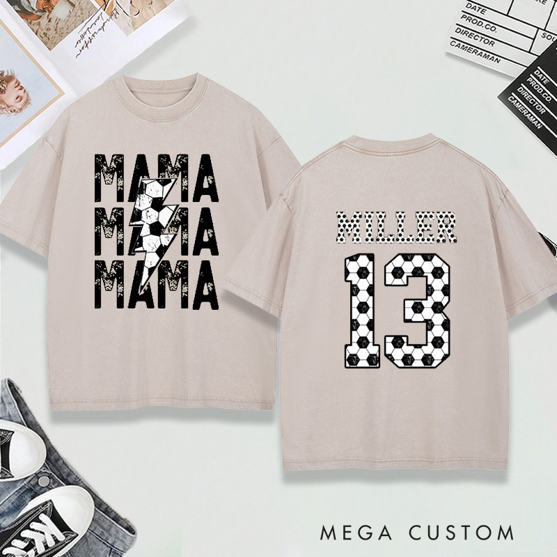 Personalized Washed T-Shirt "Mama" Soccer with Custom Name and Number Design