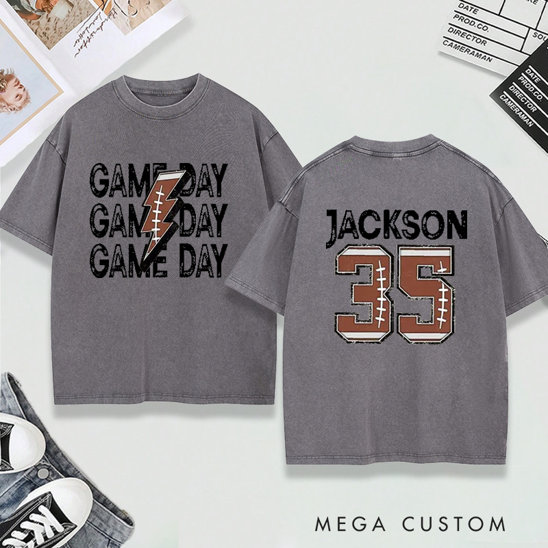 Personalized Washed T-Shirt Game Day Football with Custom Name and Number Design