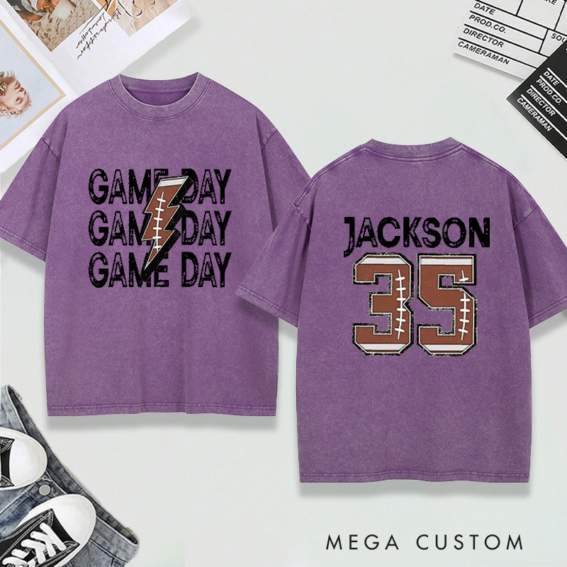 Personalized Washed T-Shirt Game Day Football with Custom Name and Number Design