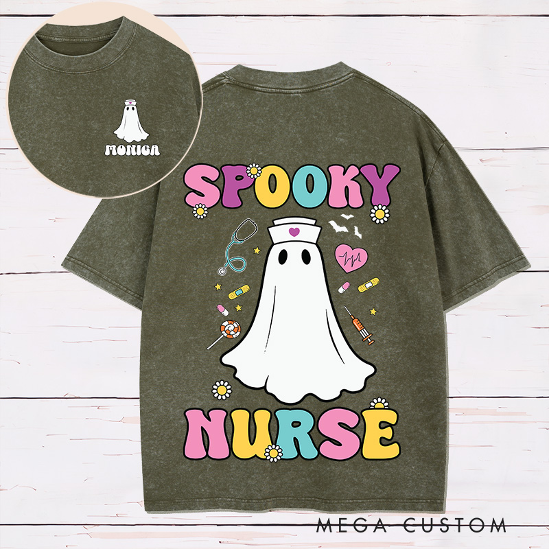 Personalized Nurse Two Sides Printed Washed T-Shirt Customized Spooky Nurse Design Washed T-Shirt 