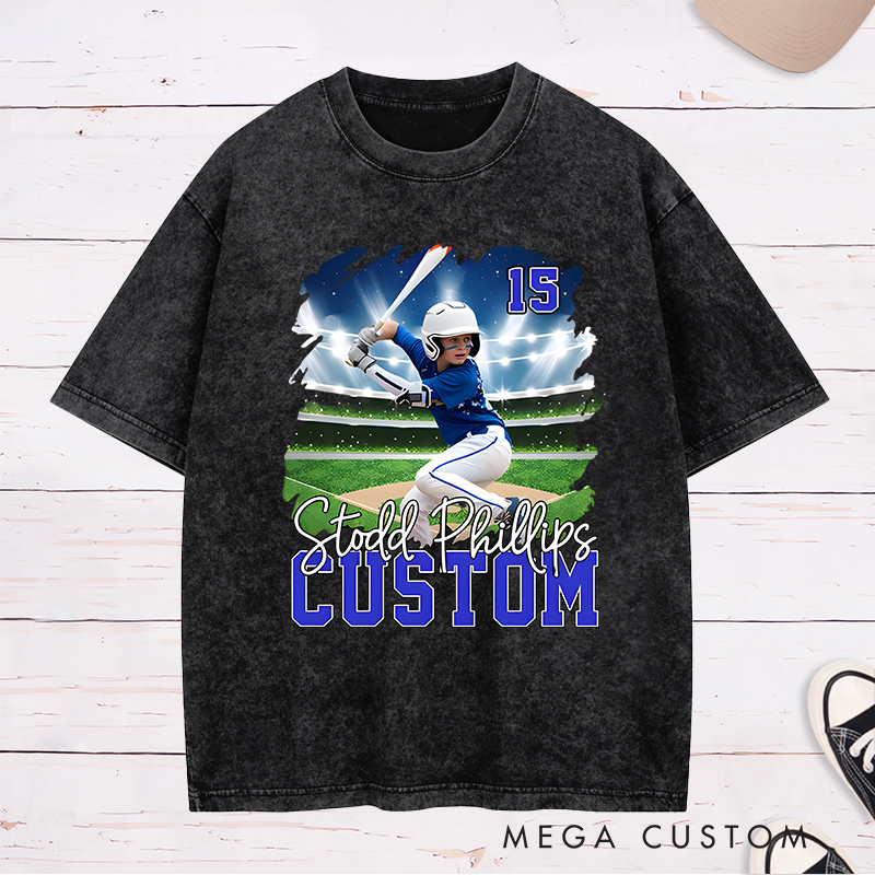 Personalized Baseball Washed T-Shirt with Custom Player Photo and Name  