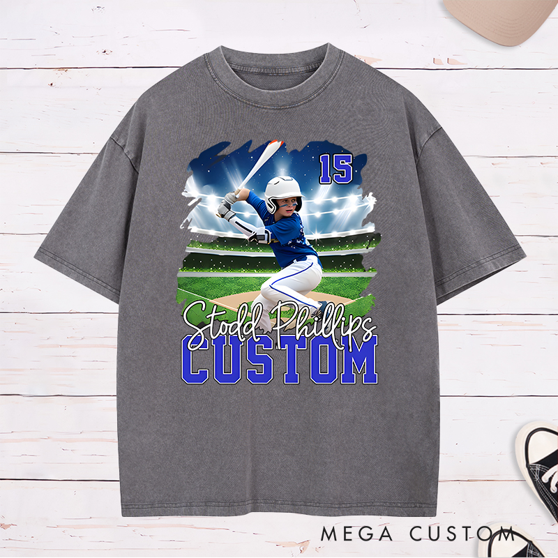 Personalized Baseball Washed T-Shirt with Custom Player Photo and Name  