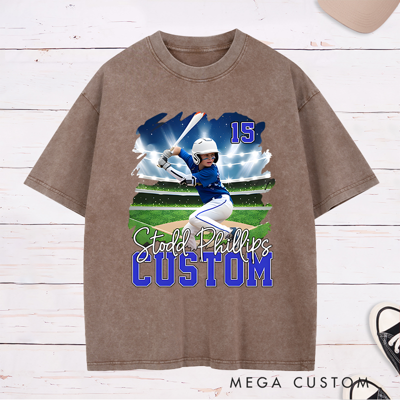 Personalized Baseball Washed T-Shirt with Custom Player Photo and Name  