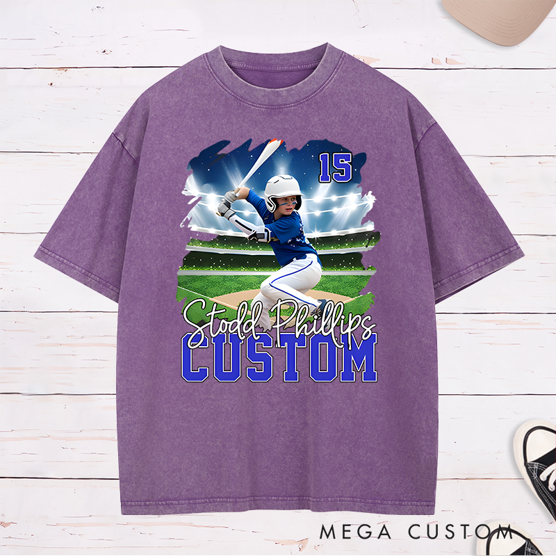 Personalized Baseball Washed T-Shirt with Custom Player Photo and Name  