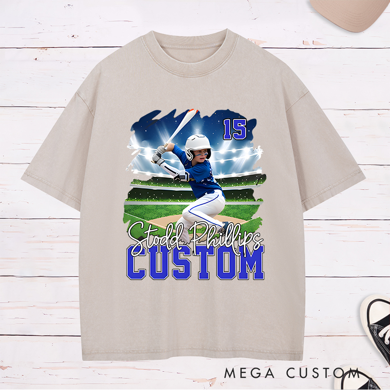 Personalized Baseball Washed T-Shirt with Custom Player Photo and Name  