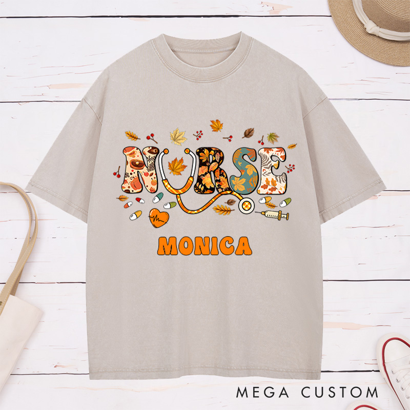 Personalized Nurse Washed T-Shirt Customized Autumn Nurse Design Washed T-Shirt 
