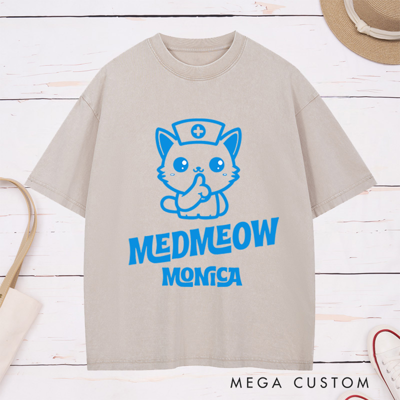 Personalized Nurse Washed T-Shirt Customized Nurse Cat Design Washed T-Shirt 