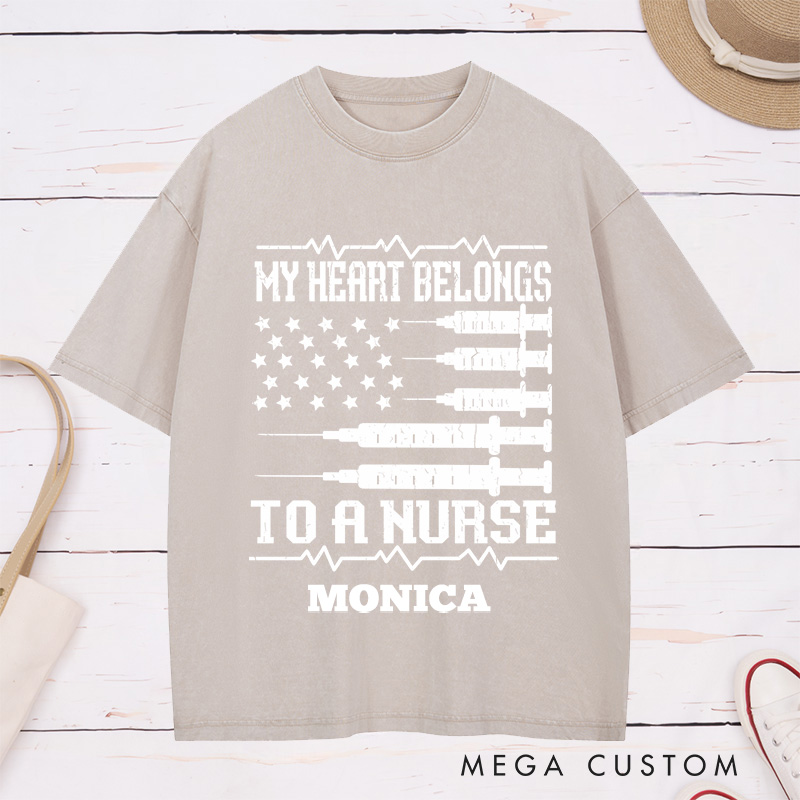 Personalized Nurse Washed T-Shirt Customized My Heart Belongs to a Nurse Design Washed T-Shirt 