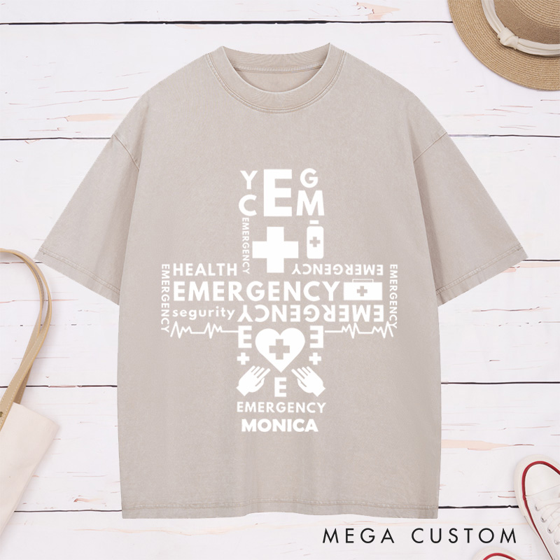 Personalized Nurse Washed T-Shirt Customized Emergency Cross Design Washed T-Shirt 
