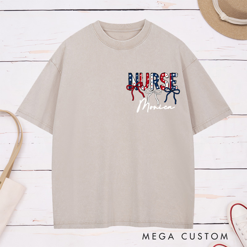 Personalized Nurse Washed T-Shirt Customized Patriotic Nurse Design Washed T-Shirt 