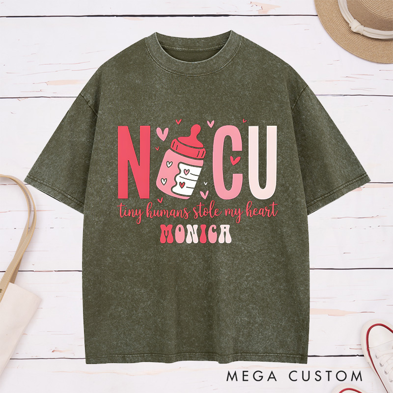 Personalized Nurse Washed T-Shirt Customized NICU Tiny Humans Stole My Heart Design Washed T-Shirt 