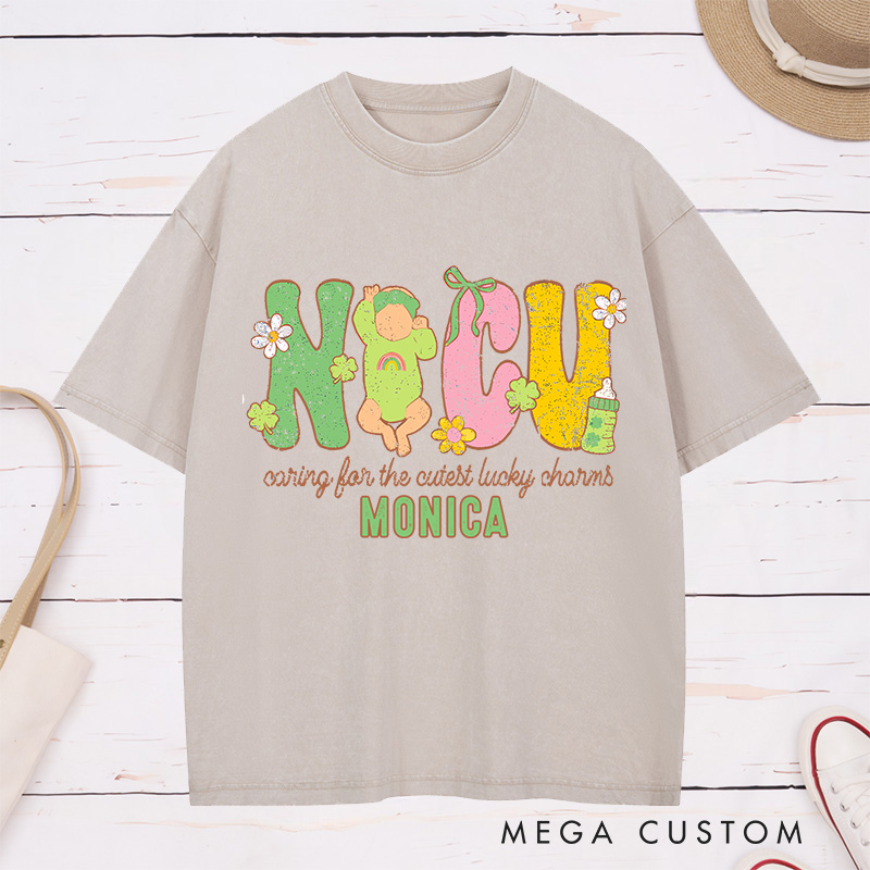 Personalized Nurse Washed T-Shirt Customized NICU Caring for the Cutest Lucky Charms Design Washed T-Shirt 