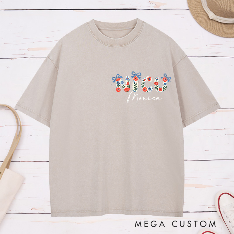 Personalized Nurse Washed T-Shirt Customized NICU Floral Accent Graphic Design Washed T-Shirt 