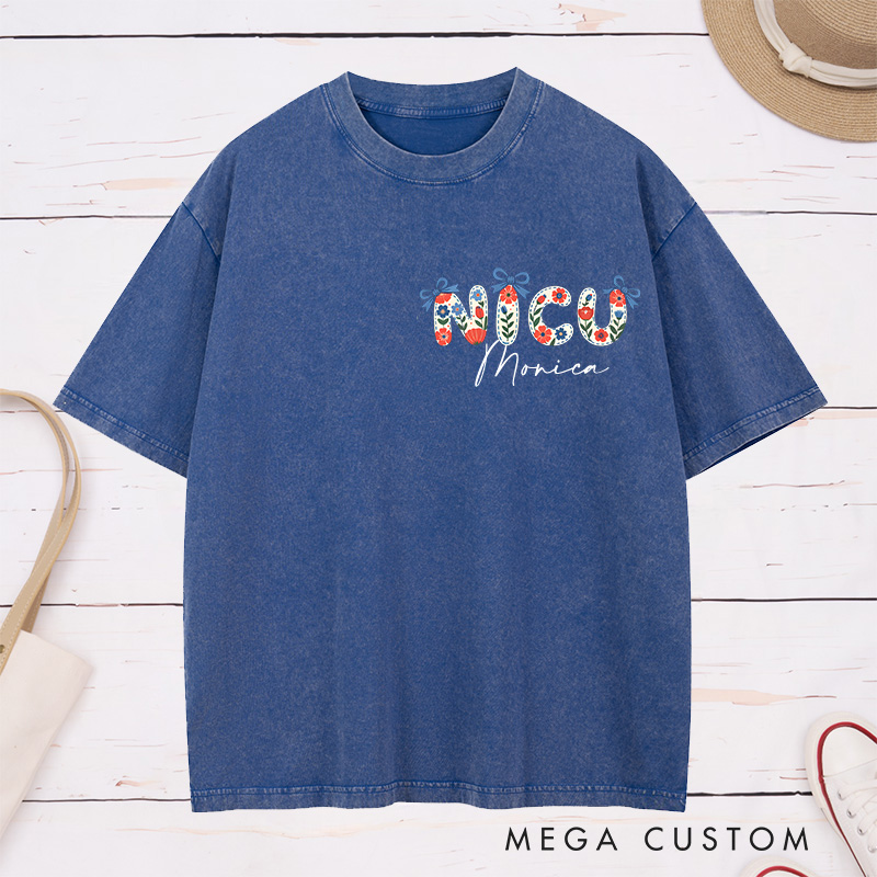 Personalized Nurse Washed T-Shirt Customized NICU Floral Accent Graphic Design Washed T-Shirt 
