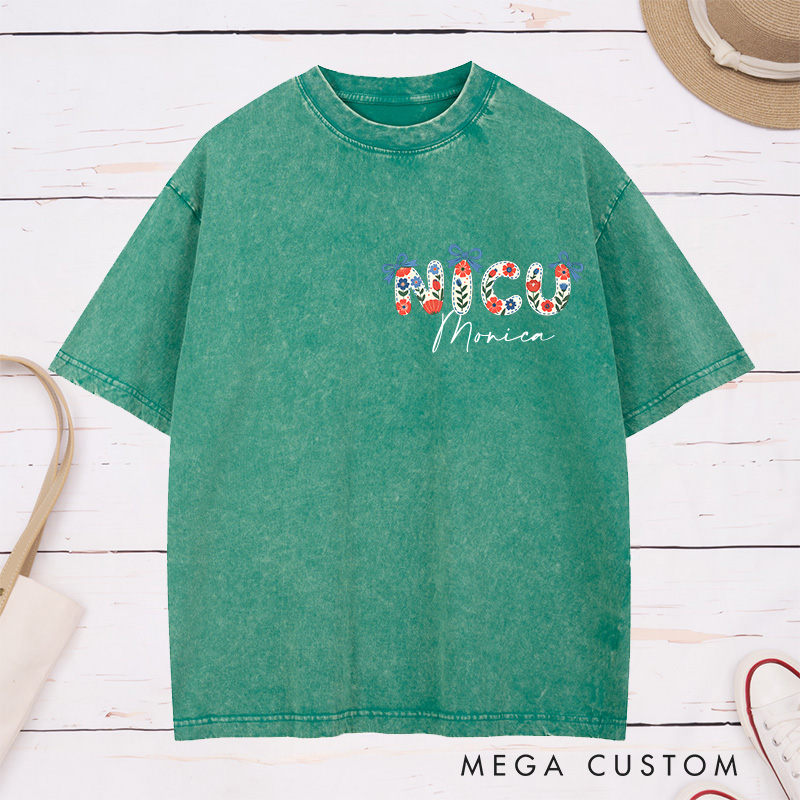 Personalized Nurse Washed T-Shirt Customized NICU Floral Accent Graphic Design Washed T-Shirt 