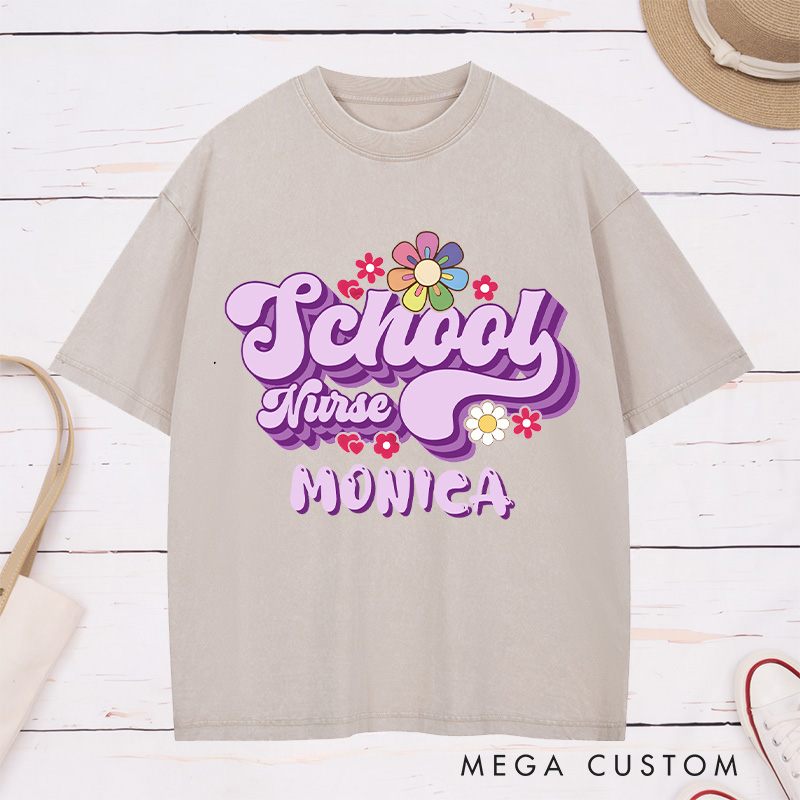 Personalized Nurse Washed T-Shirt Customized School Nurse Retro Floral Design Washed T-Shirt 