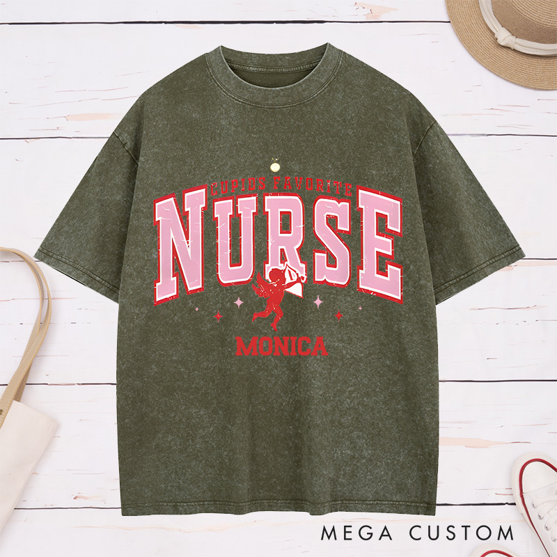 Personalized Nurse Washed T-Shirt Customized Cupid's Favorite Nurse Design Washed T-Shirt 